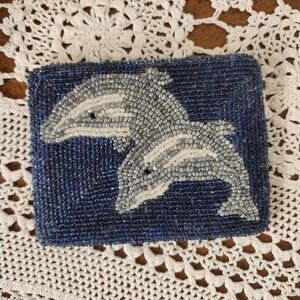 Vintage‎ Blue Beaded Dolphin Coin Purse Zippered Pouch Small Wallet y2k
